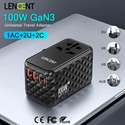 LENCENT 100W GaN Universal Travel Adapter with 2 USB-A+2 Type C Support PD3.0, QC4 Fast Charging EU/UK/USA/AUS Plug for Travel