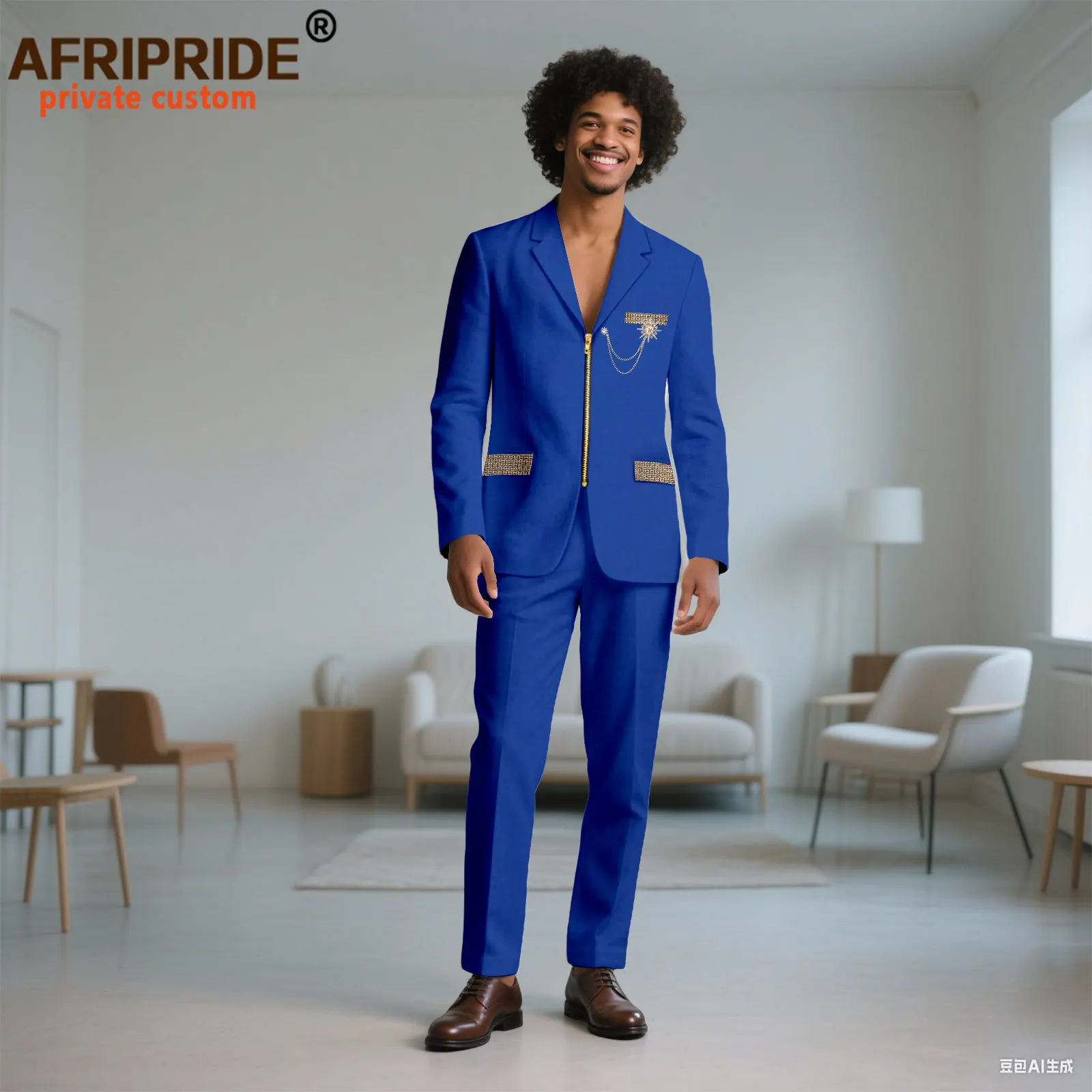 Men`s Bussiness Suit Slim Fit Zip Blazer and Pants 2 Piece Set Formal Outfits African Clothes with Brooch for Wedding 2516071