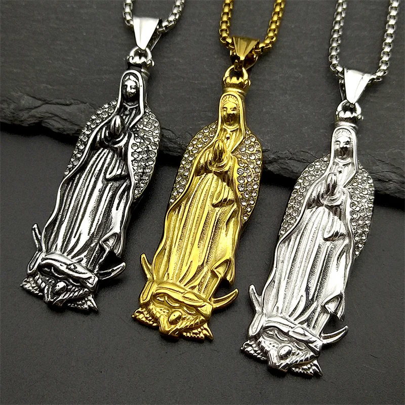 Katholische Jungfrau Maria Strass Anhänger Halskette für Frauen Männer Edelstahl Gold Silber Farbe Guadalupe Gebet Schmuck – Detail 5