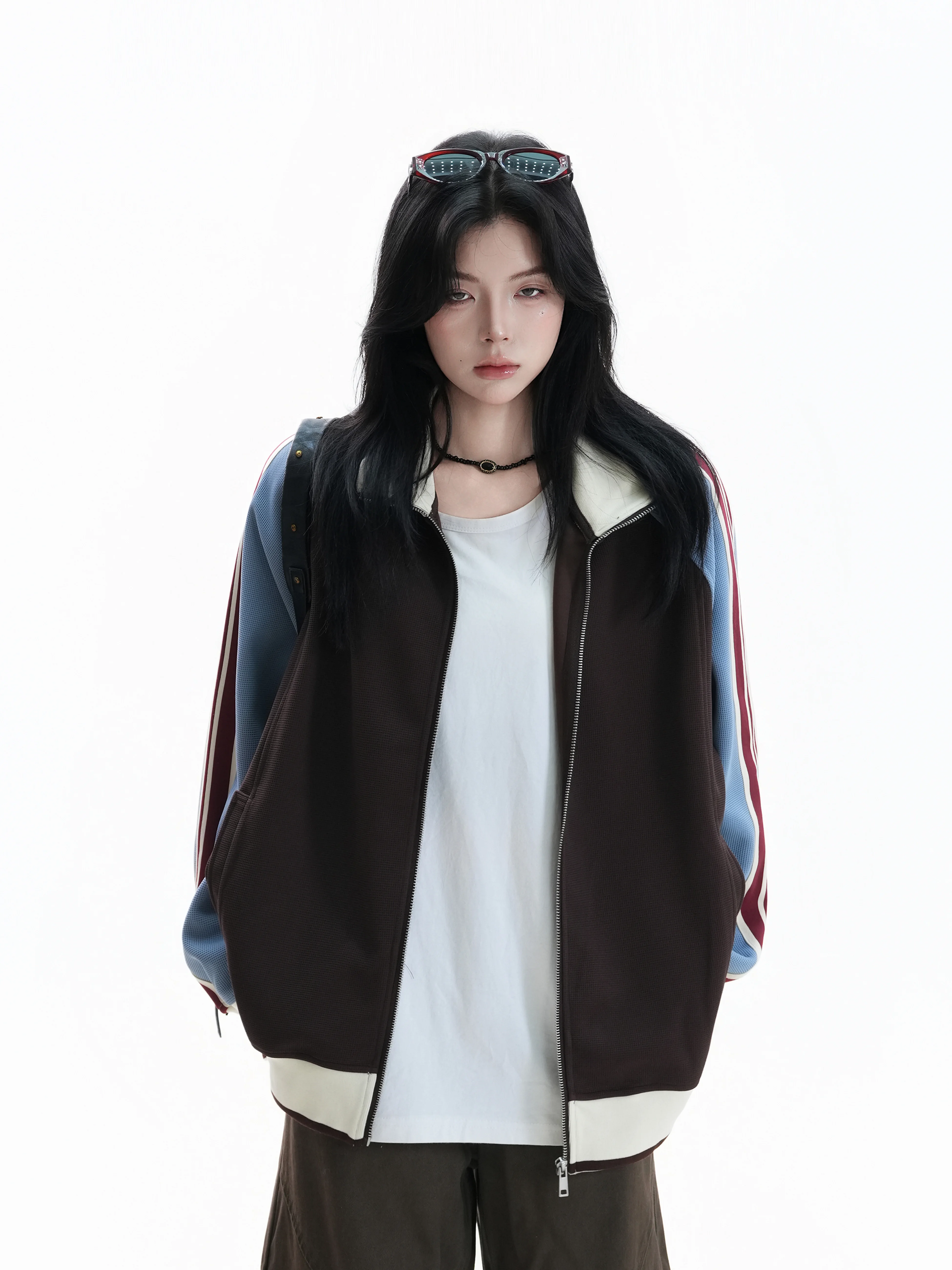 Early Autumn Sporty Color Block Waffle Pattern Open Cardigan Sweatshirt Women's Loose Outerwear Casual Loose Fit Zipper