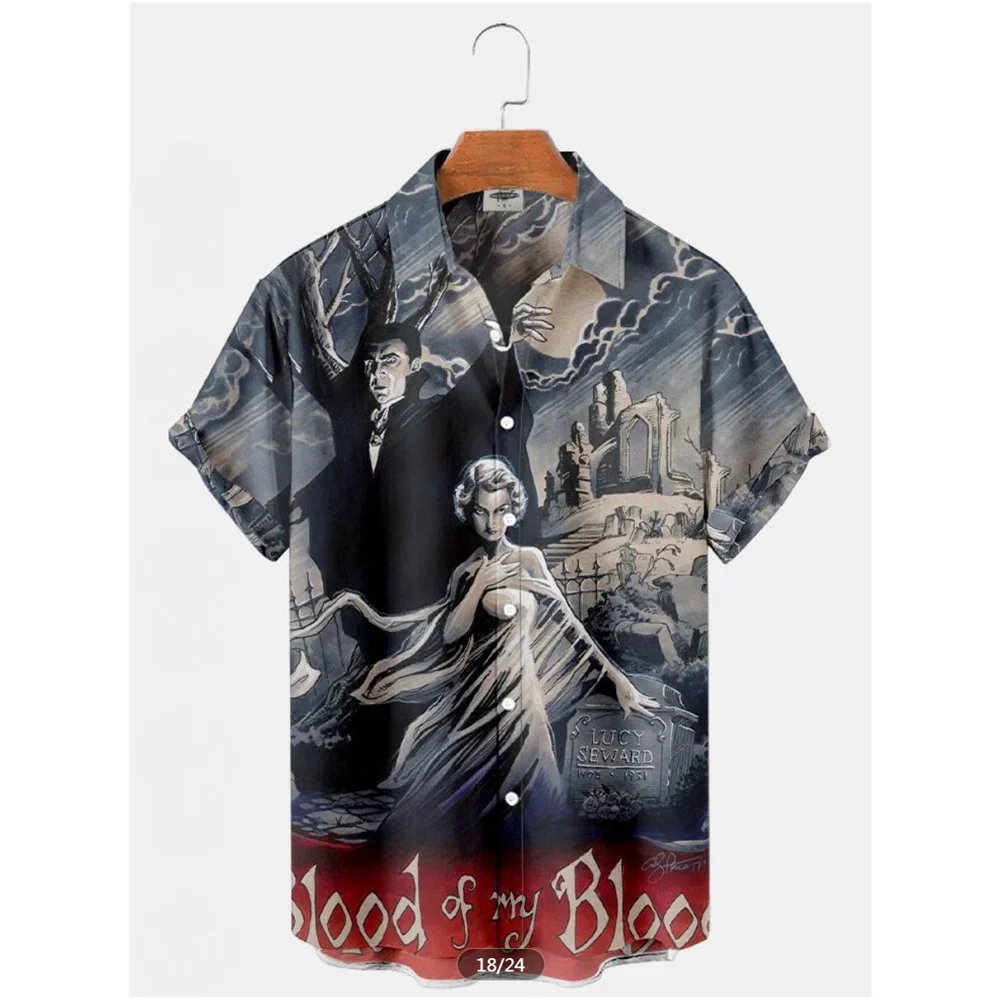 Camisa retrô de personagens de filmes estampada, roupa casual halloween, blusa de manga curta 3D, havaiana, verão, 2024