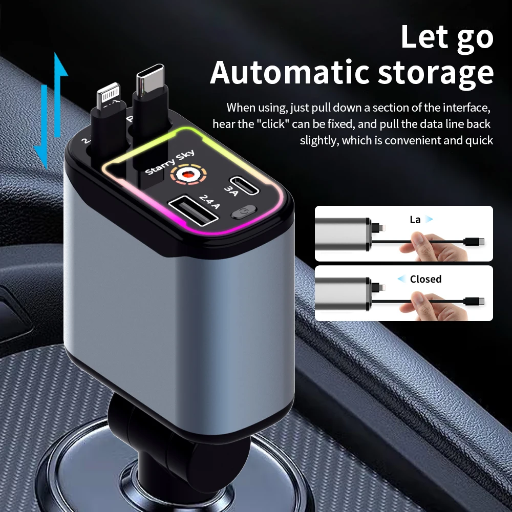 

Retractable Car Charger 66W Fast Charger, 4-in-1 Fast Charging Car Phone Charger, Sence Display,Own Star Light