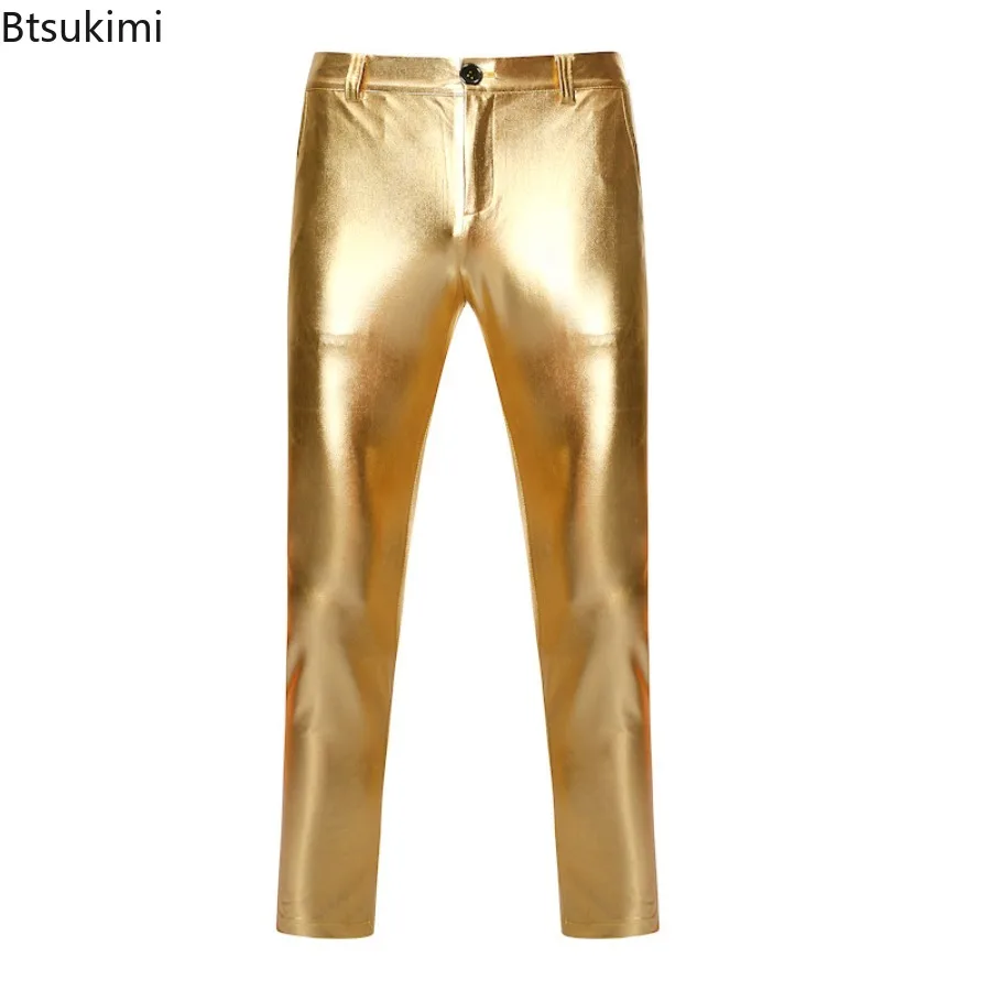 New Men's Shiny Pants Chic Motorcycle Pants Metallic Sweatpants Streetwear Casual Pants Nightclub Stage Perform Clothing for Men