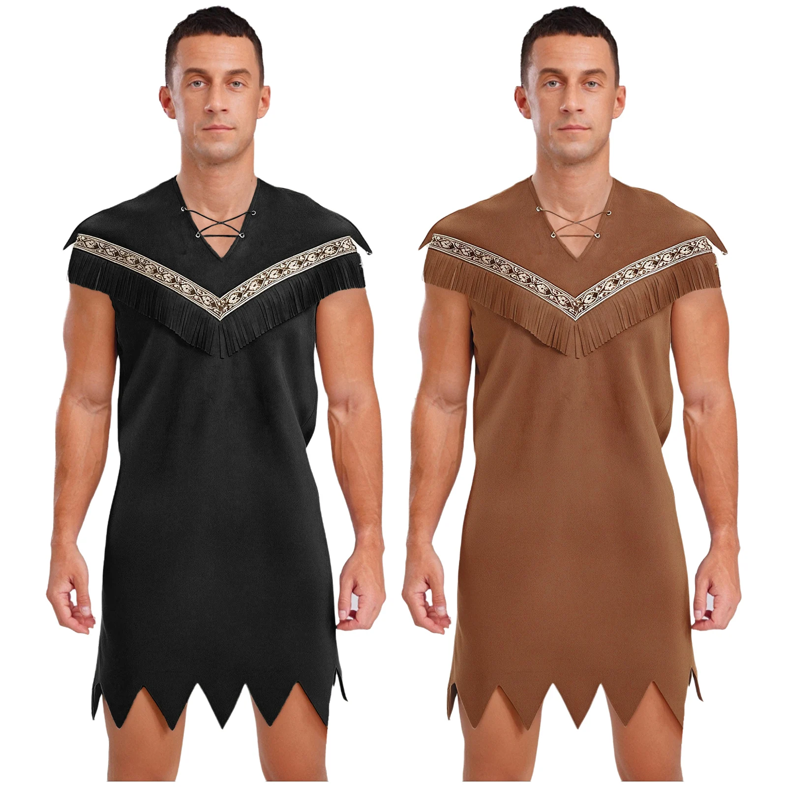 

Мужской костюм индийского племени пещерного человека, дикого костюма на Хэллоуин, косплей, карнавальная вечеринка, нарядное платье с кисточками, винтажный узор, халат из искусственной замши