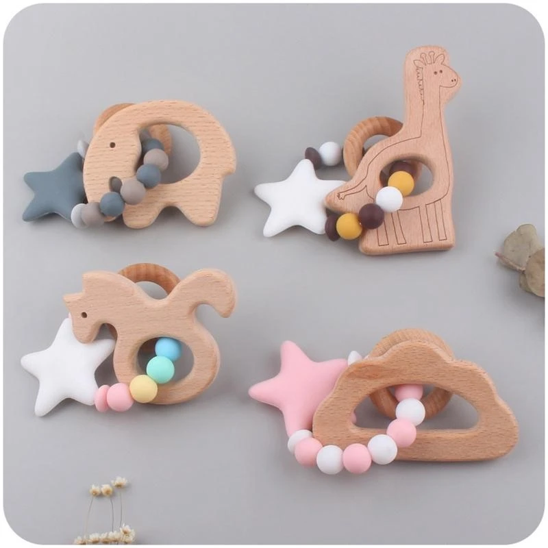 3 Pcs/Set Baby Stroller Pendants Pacifier Chain Pram Clip with Silicone Beads Infants Wooden Teether Bracelet Rattle Newborn view 5