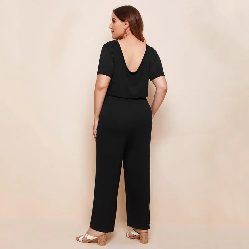 Plus Size Deep V-neck Back Summer Elegant Jumpsuits Short Sleeve Button Front Elastic Waist Casual Wide Leg Jumpsuits 6XL 7XL 8X