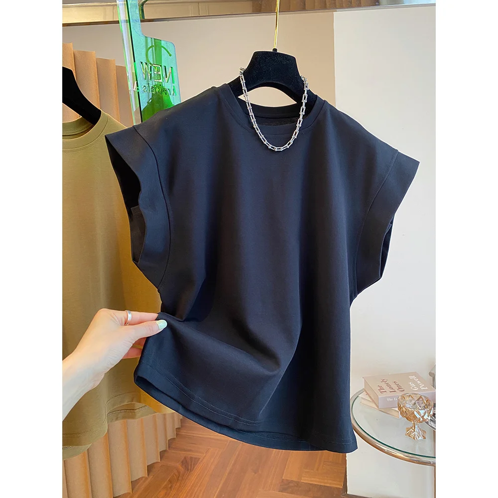 Summer New Loose Women's T-shirt Short Sleeve Korean Style Cotton Breathable High Waist round Neck Fly Sleeve Casual Top