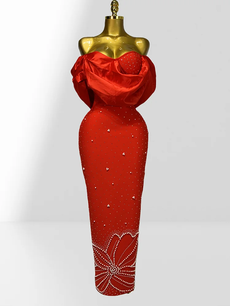 Golden Seastar Cross-over Collar Sleeveless Bodycon  Red Long Bandage Dress Fashion Woman Birthday Party Dress Vacation Outfit