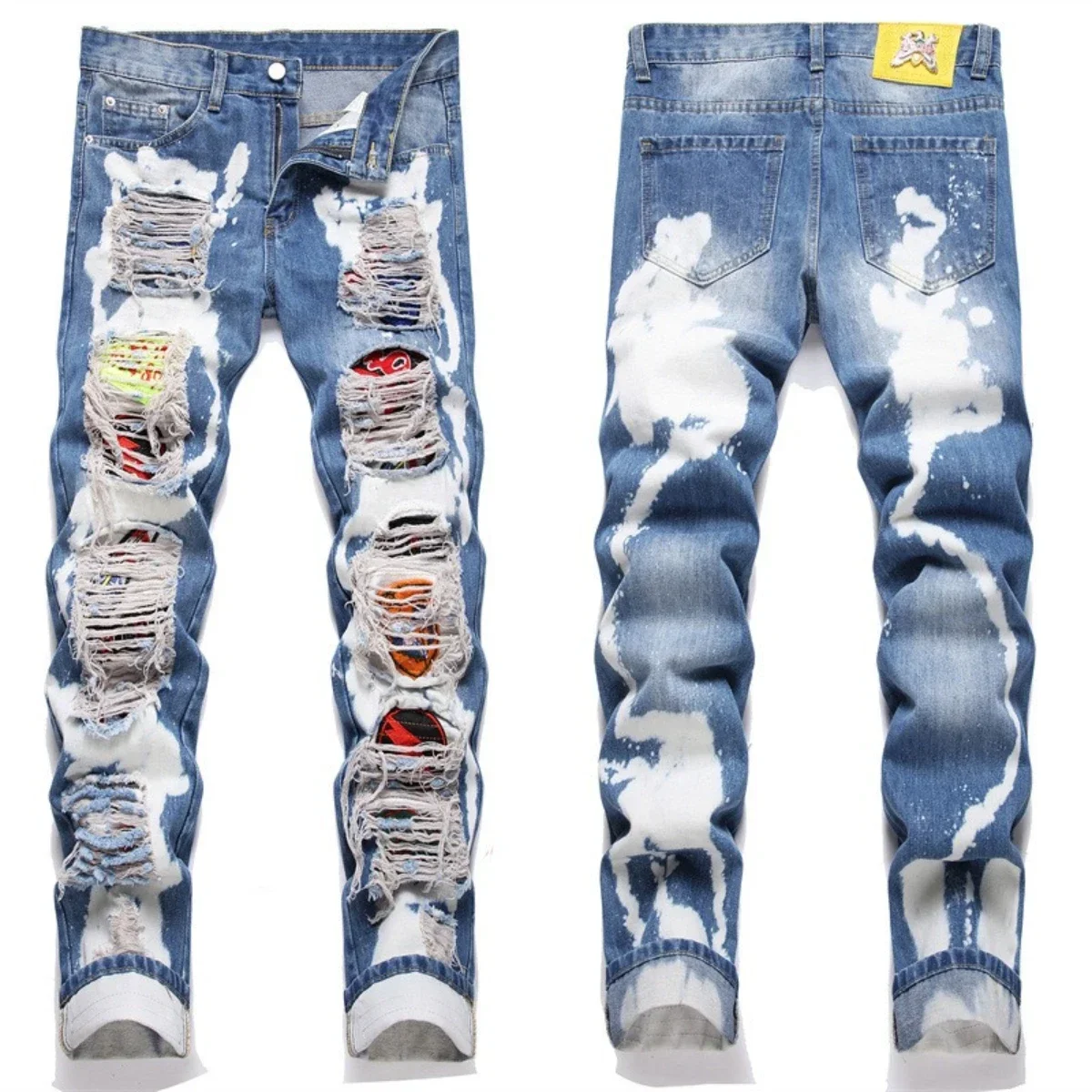 Herren perforierte Jeans 3d innere Stickerei Reiß verschluss gebleicht Slim Fit Strumpfhosen hochela tischen Reiß verschluss Trend Katze Bart Farbverlauf 2024