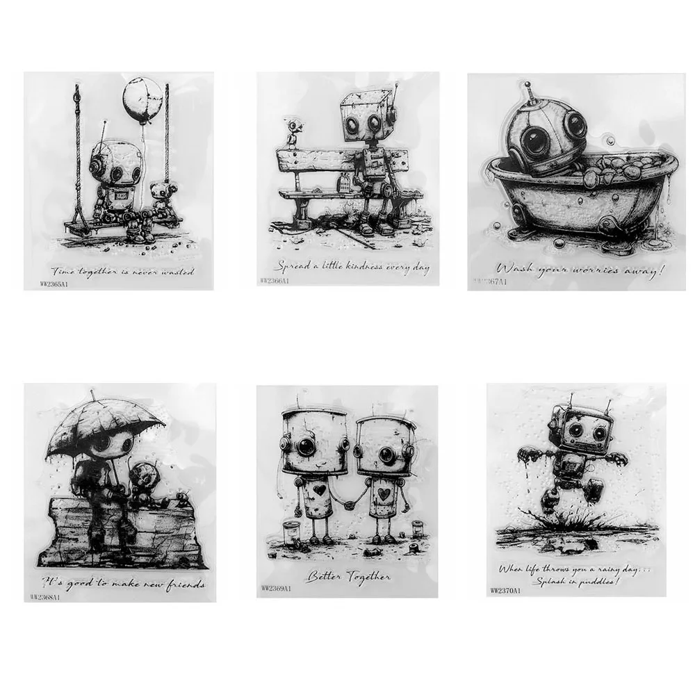 Robot Clear Stamps for Card Making Transparent Silicone Stamps Rainy Day Time Together Rubber Stamps Seal for DIY Scrap Album