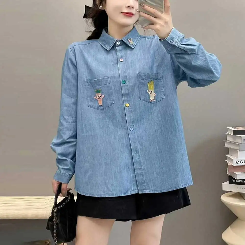 

Japanese Vintage Mori Girl Cartoon Embroidery Denim Shirts Women Autumn Turn Down Collar Long Sleeve Casual Loose Jeans Blouse