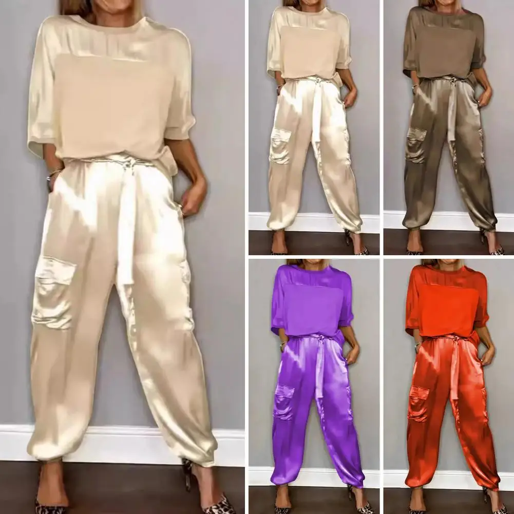 Conjunto monocromático de 2 peças acetinado para mulheres, gola redonda, top e calça de manga comprida, casual solto na moda, primavera e verão