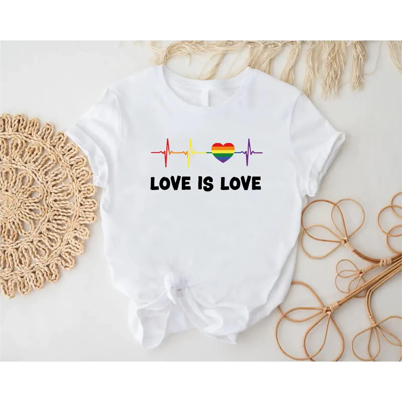 Love Is Heartbeat Pride T Shirt LGBTQ Equality Rainbow Heart Inclusive Without Limits Casual Top vintage Washed
