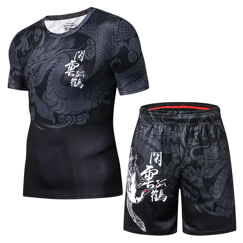 Men Short Sleeve Boxing Jersey Male GYM Fitness Tee + Shorts Sport Running Set Skiing Basketball Football Hiking Clothes Suit J9