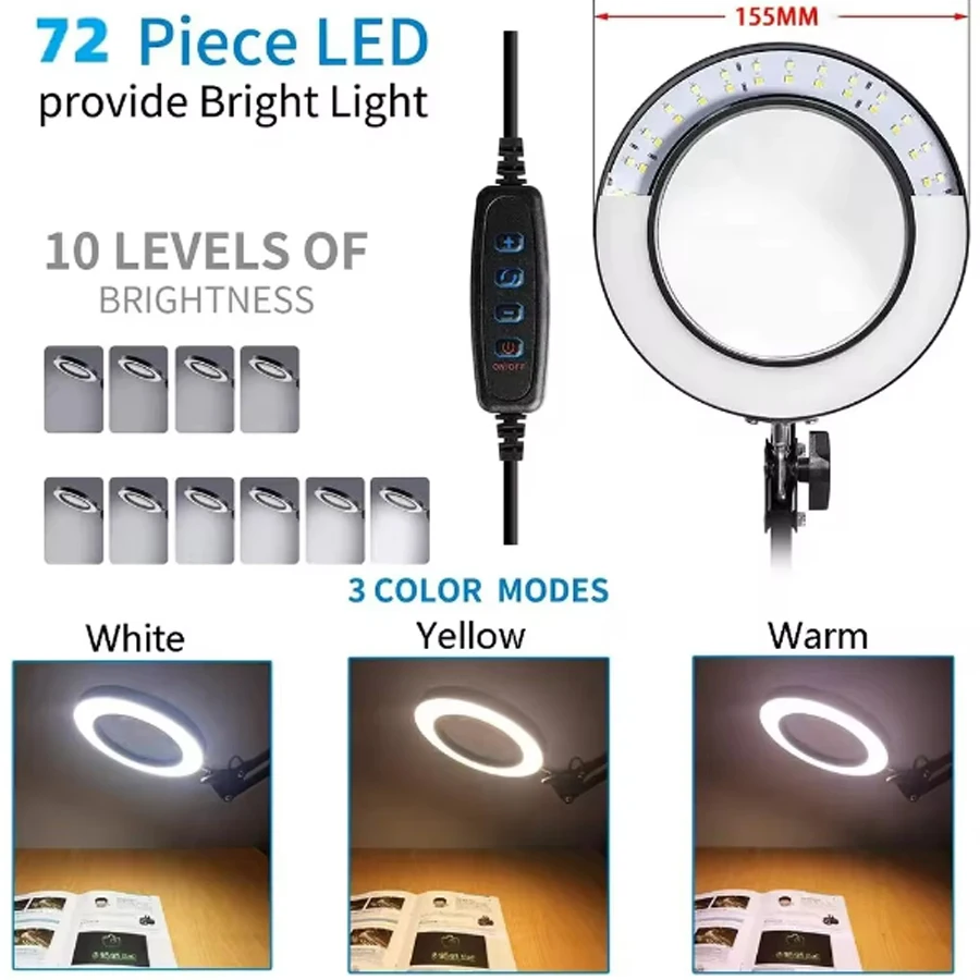 NEW 72LED 8X/10X Illuminated Magnifier USB 3 Colors LED Magnifying Glass for Soldering Iron Repair/Table Lamp/Skincare Beauty