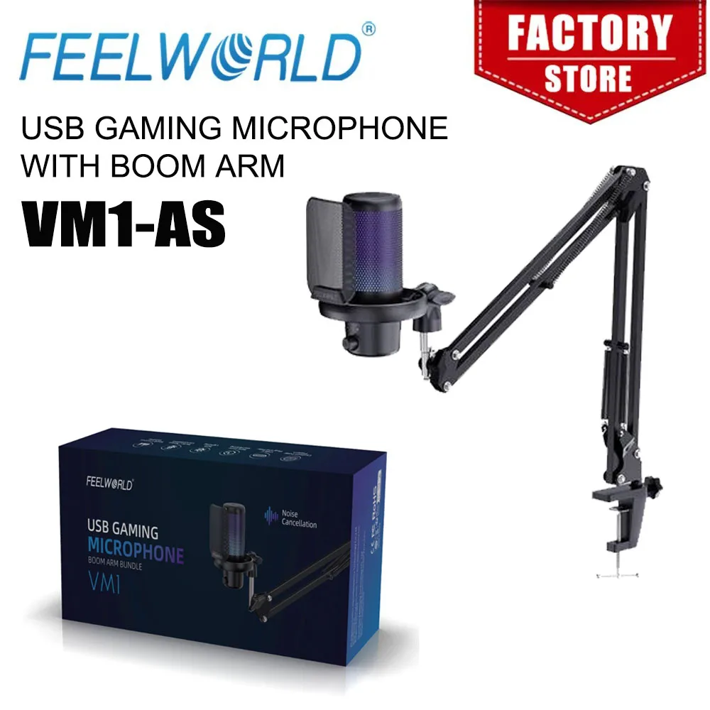 FEELWORLD VM1-AS USB Condenser Gaming Microphone for Streaming Noise Cancellation Mute RGB Light Boom Arm Stand
