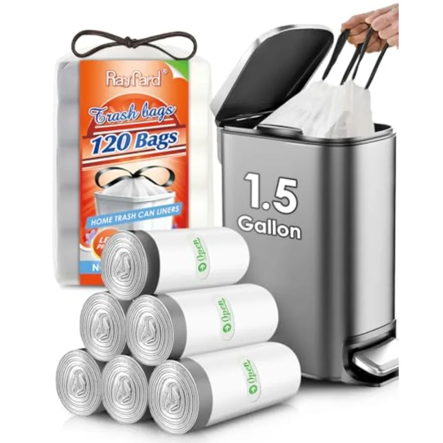 1.5 Gallon 120 Counts Mini Strong Drawstring Trash Bags Garbage Bags by, Small Plastic Bags fit 4.5-6L Trash Can for Home Offic