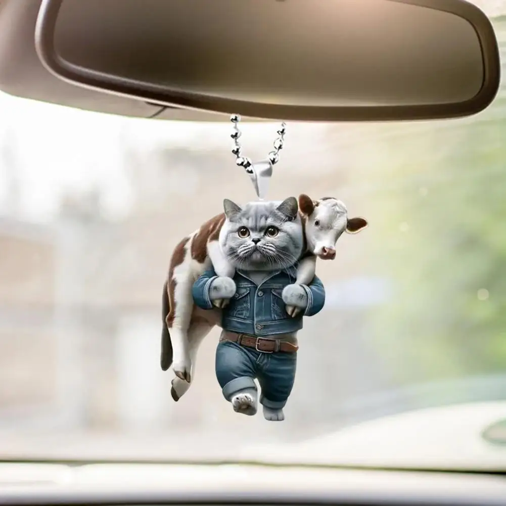 Cat-shaped Car Accessory Durable Cat-shaped Accessory Adorable Cat Design Car Charm Ornament with Lanyard Rearview for Lovers