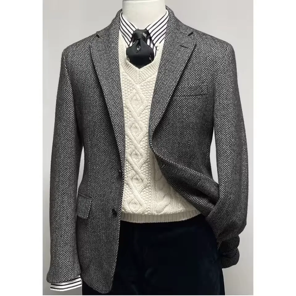 Veste de costume à chevrons pour hommes, simple boutonnage, mode décontractée, coupe cintrée, confortable et élégante, tenue d'affaires, manteau de tenue formelle