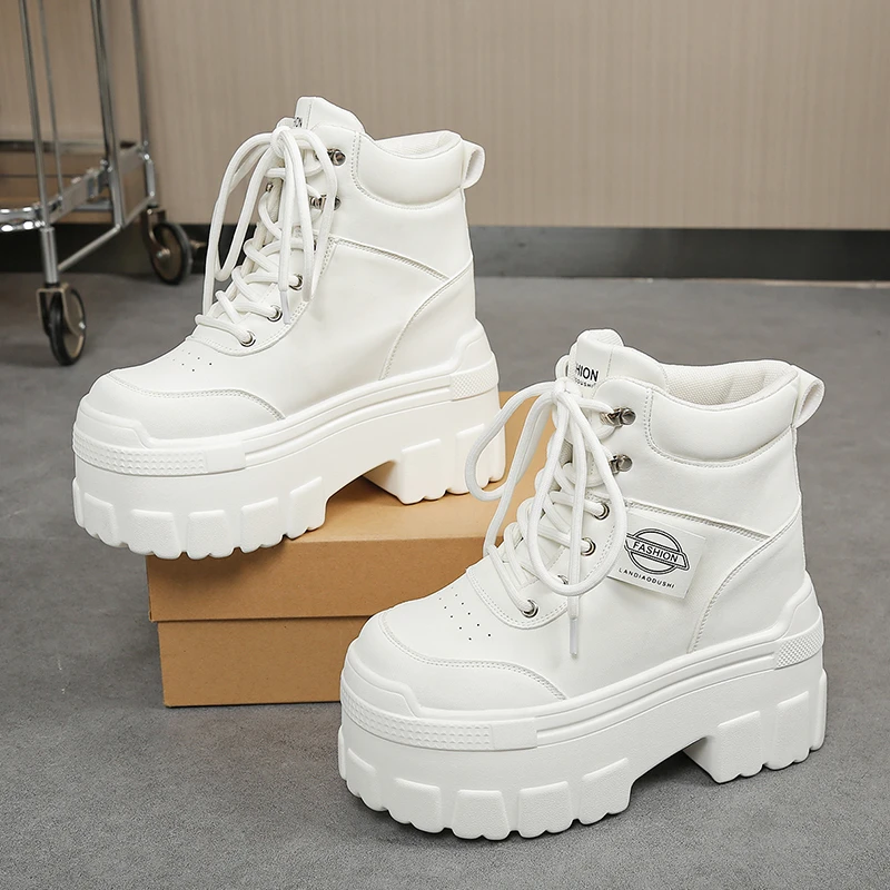 Botines de mujer para otoño, zapatos de cuero con suela gruesa, zapatillas deportivas transpirables con plataforma alta, suela gruesa de 10 cm, botas de cuña, botas para motociclistas.