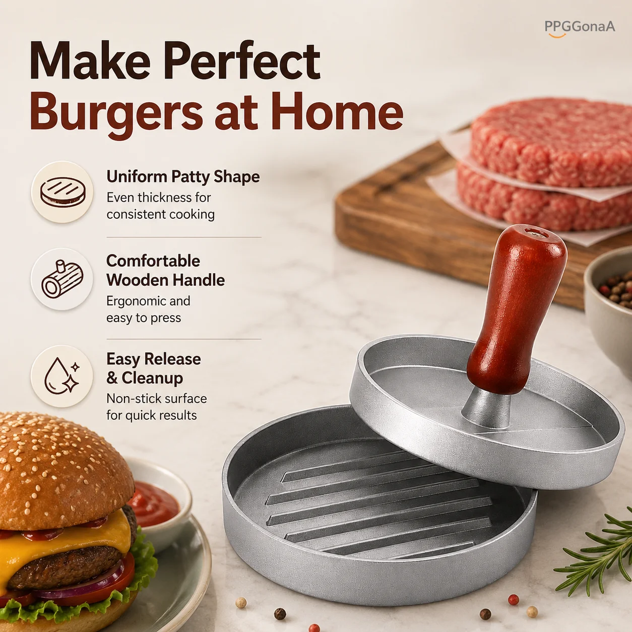 Aluminum Burger Patty Press with Wooden Handle 12cm Round Hamburger Meat Patty Maker Non-Stick Manual Burger Mold Kitchen Tool
