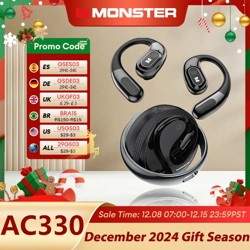 Original Monster AC330 Wireless Bluetooth 5.4 Headset Ear Clip Dual Mode Earbuds HiFi Sound IPX5 Waterproof Sport Earphones New