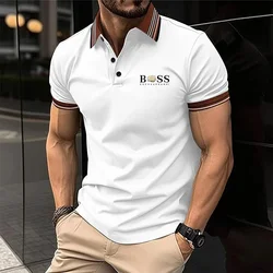 Summer new men's casual short sleeved fashionable business polo shirt printed collar T-shirt men's breathable polo shirt men's c