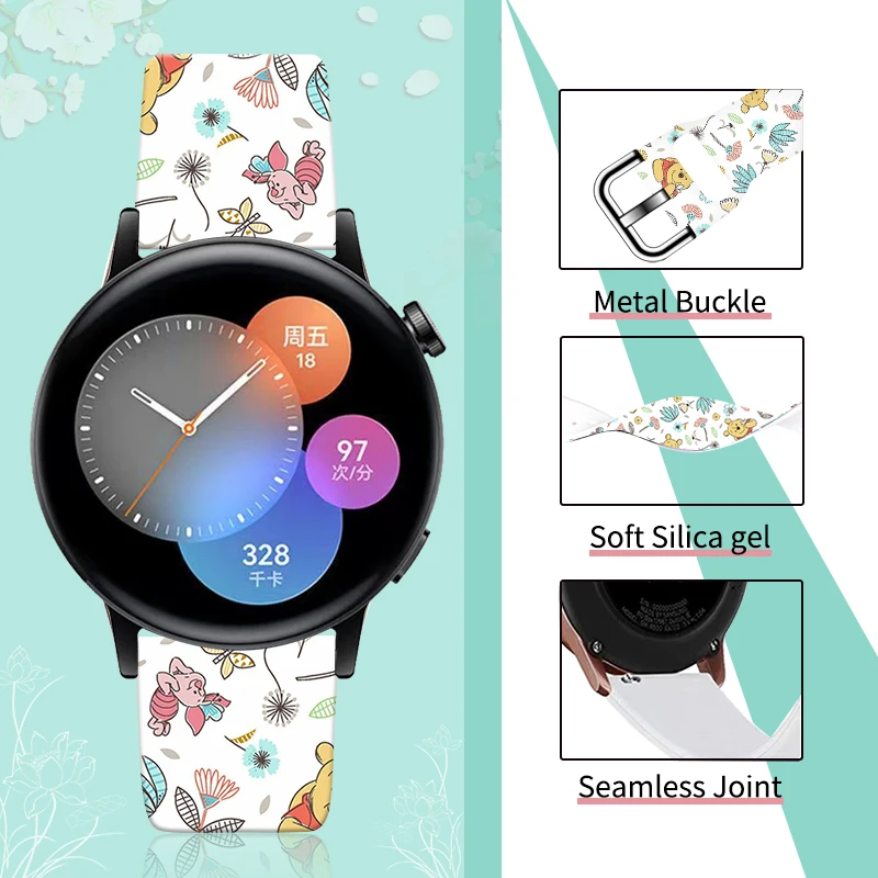 Disney Pooh Bear 20mm Printed Strap for Samsung Galaxy Watch 6/5 40mm 44mm Band Replaceable Bracelet for Amazfit Balance 45mm