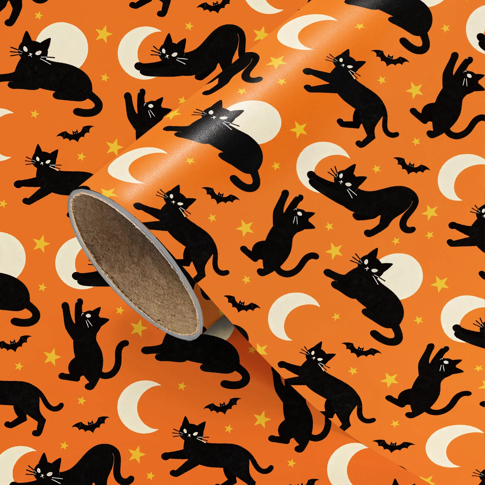 1 Roll of Simple Silhouette Black Cat, Star, Moon, and Bat Pattern Gift Wrapping Paper with Orange Background, Suitable for Halloween Holiday Gift Box Packaging, Halloween Parties, Birthday Celebrations, DIY Floral Arr
