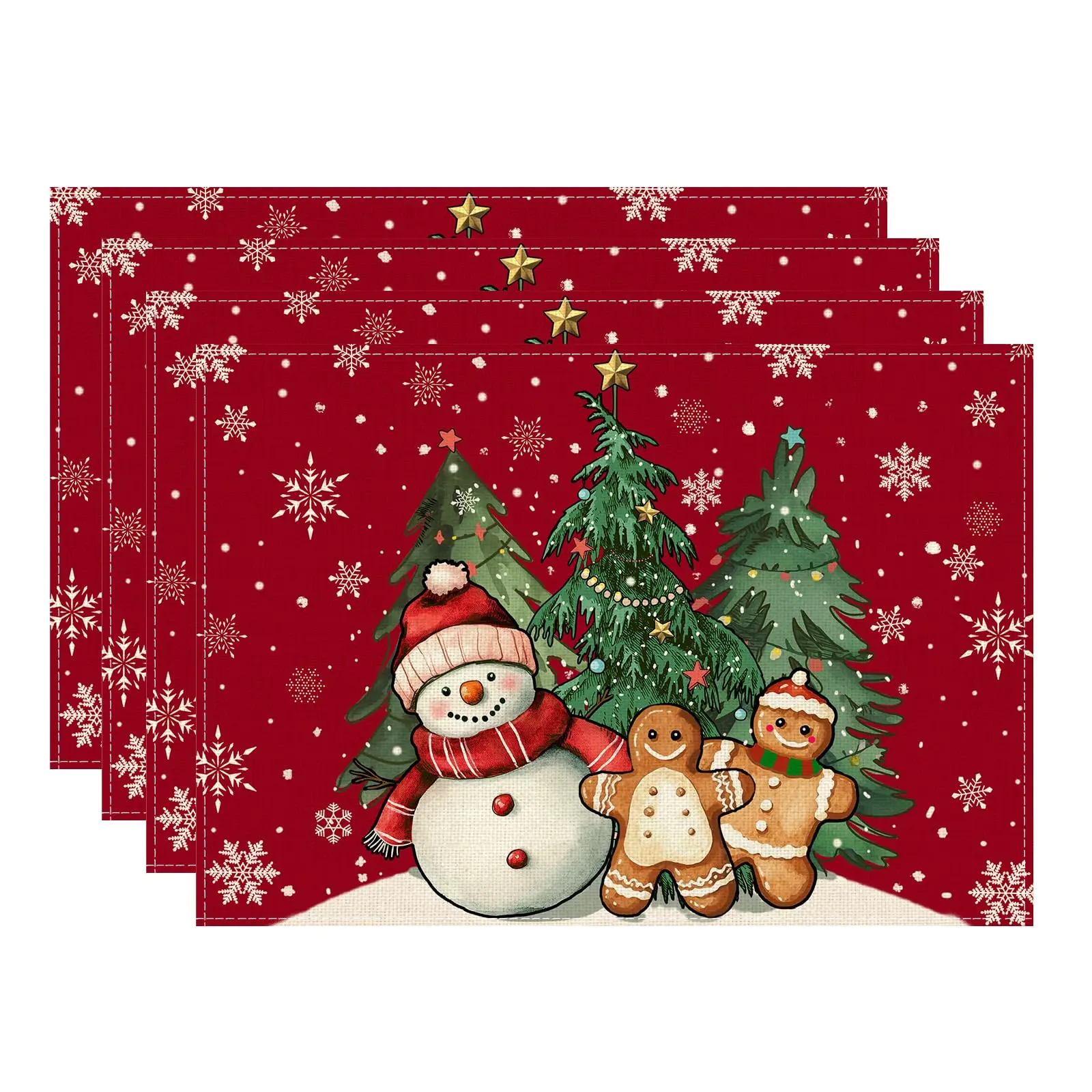 

Winter Red Snowman Gingerbread Man Christmas Tree Xmas Placemats Table Mats for Party Home Kitchen Dining Table Decor 12x18 Inch