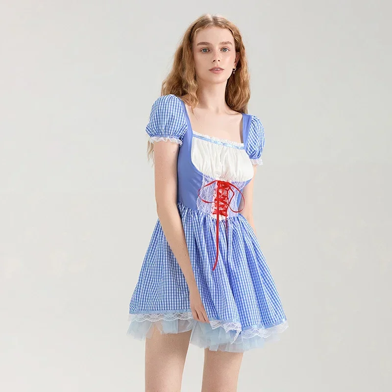 Women Cosplay Dress, Short Sleeve Square Neck Lace Patchwork Plaid Mini Dress Halloween A-line Dress