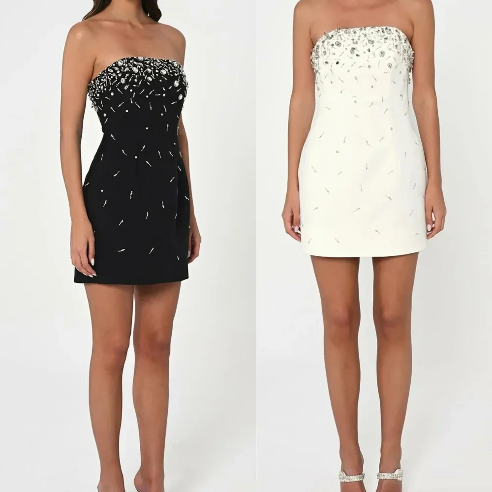 

Customized Jersey Rhinestone Beading Valentine's Day A-line Strapless Bespoke Occasion Gown Short Dresses