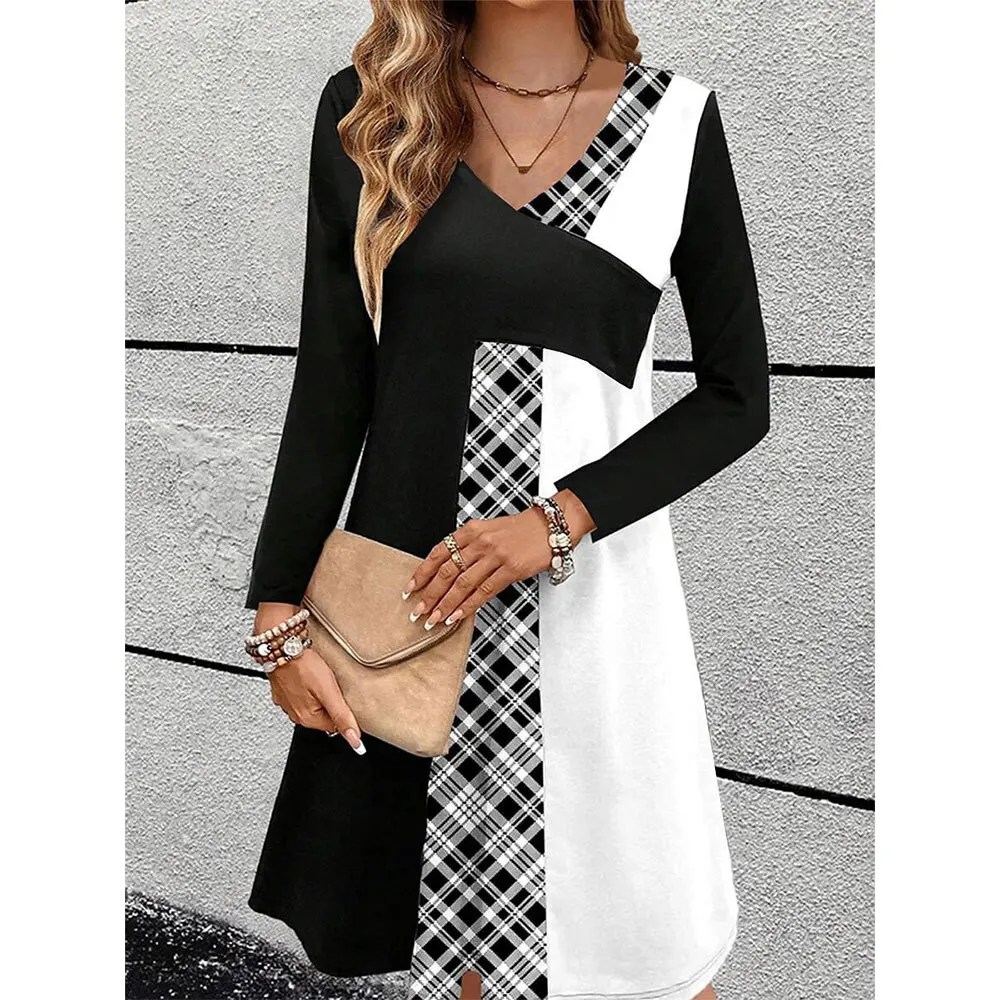 

Womens Dresses Fashionable Casual Printed Checkered V-neck Dress Winter Long Sleeves Female Clothing Elegant Party Dresses