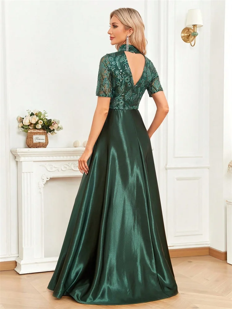 Elegante manga curta formal vestido de noite 2025 feminino o-pescoço cetim vestido de festa até o chão verde cocktail vestidos de formatura