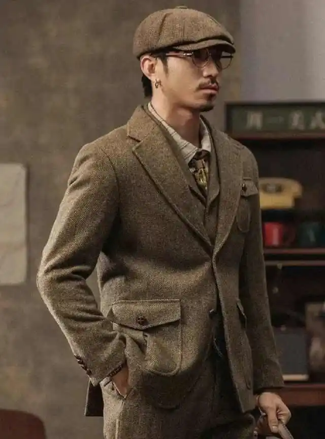 Vintage Tweed Men 2 Piece Suit Suede Elbow Patch Notch Lapel Jacket Pants Formal Outfit For Dating Gala Occasions Customized