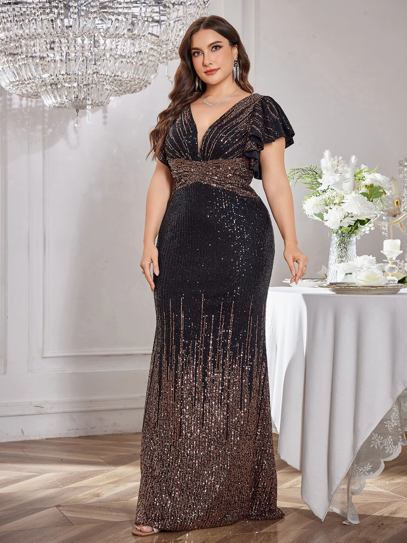 

UNITHORSE【Front and Back V-Neck】Ruffle Sleeve Ombré Sequin Waist-Defining Bodycon Glamorous Evening Banquet Dress