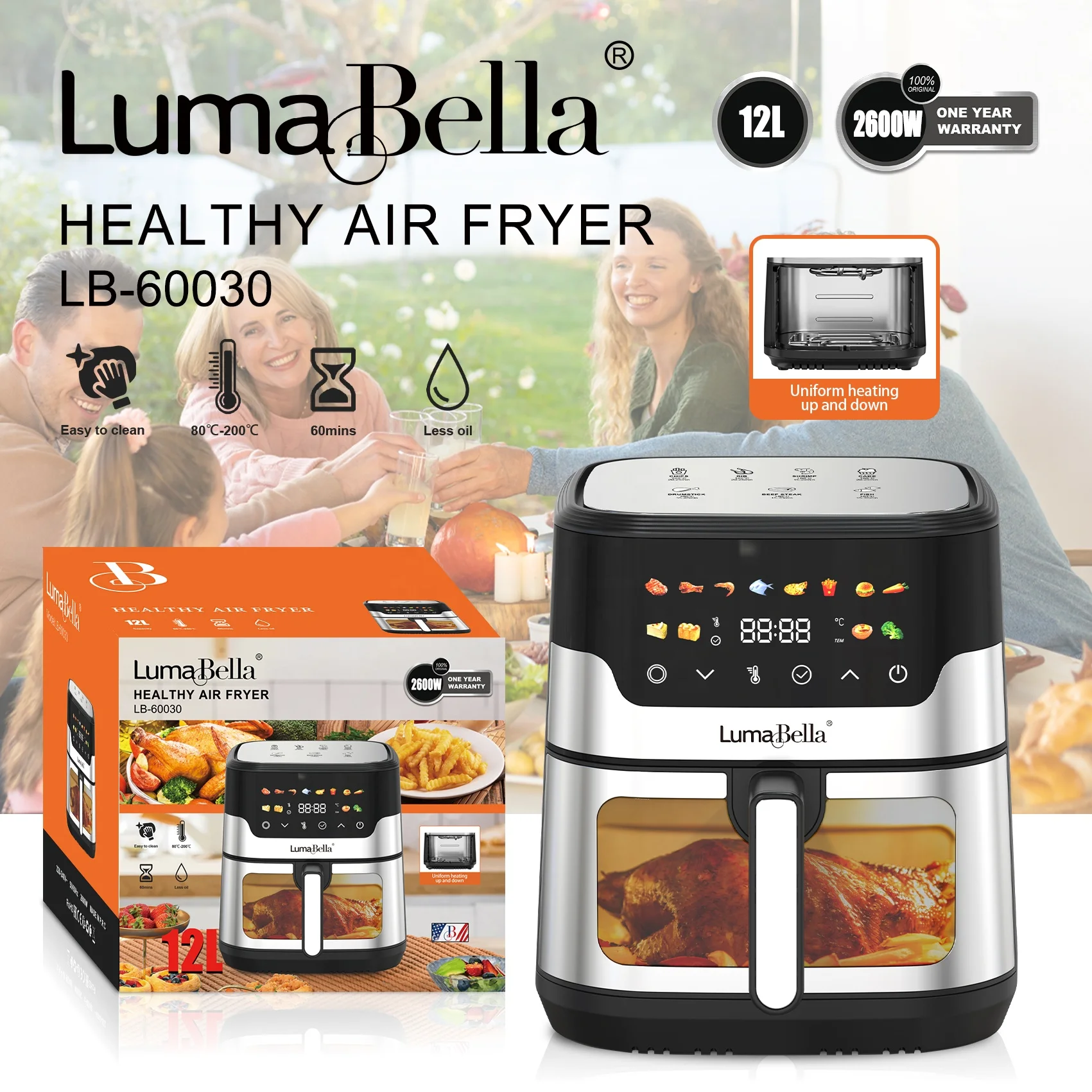 소카니 2구 스테인리스 스틸 디지털 에어프라이어 12L 가정용 전기 딥 프라이어 무오일 스마트 에어프라이어 그릴 12리터