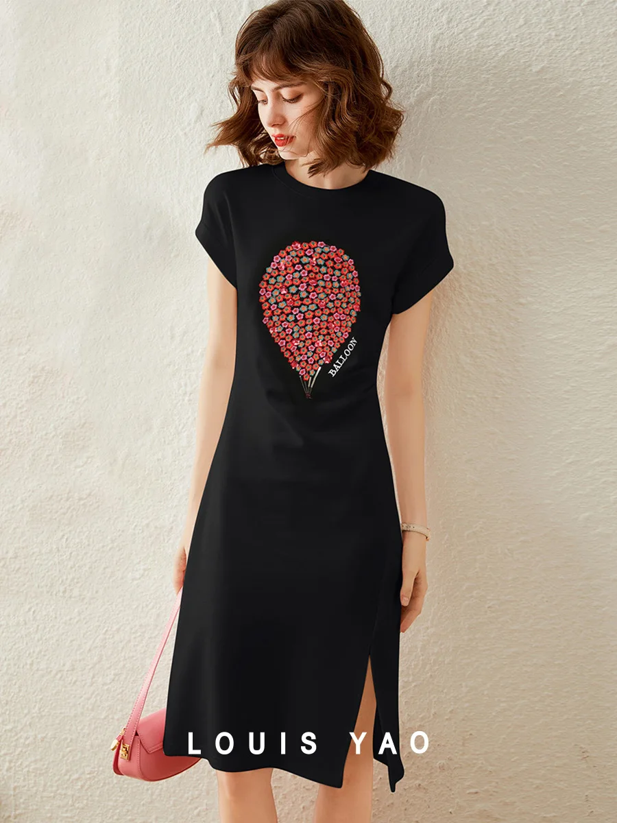 LOUIS YAO 2025 Zomer Pinch Fold Split T-shirt Rok Modieus Borduren Afslanken Lange Rok Korte Mouw vrouwen Jurk