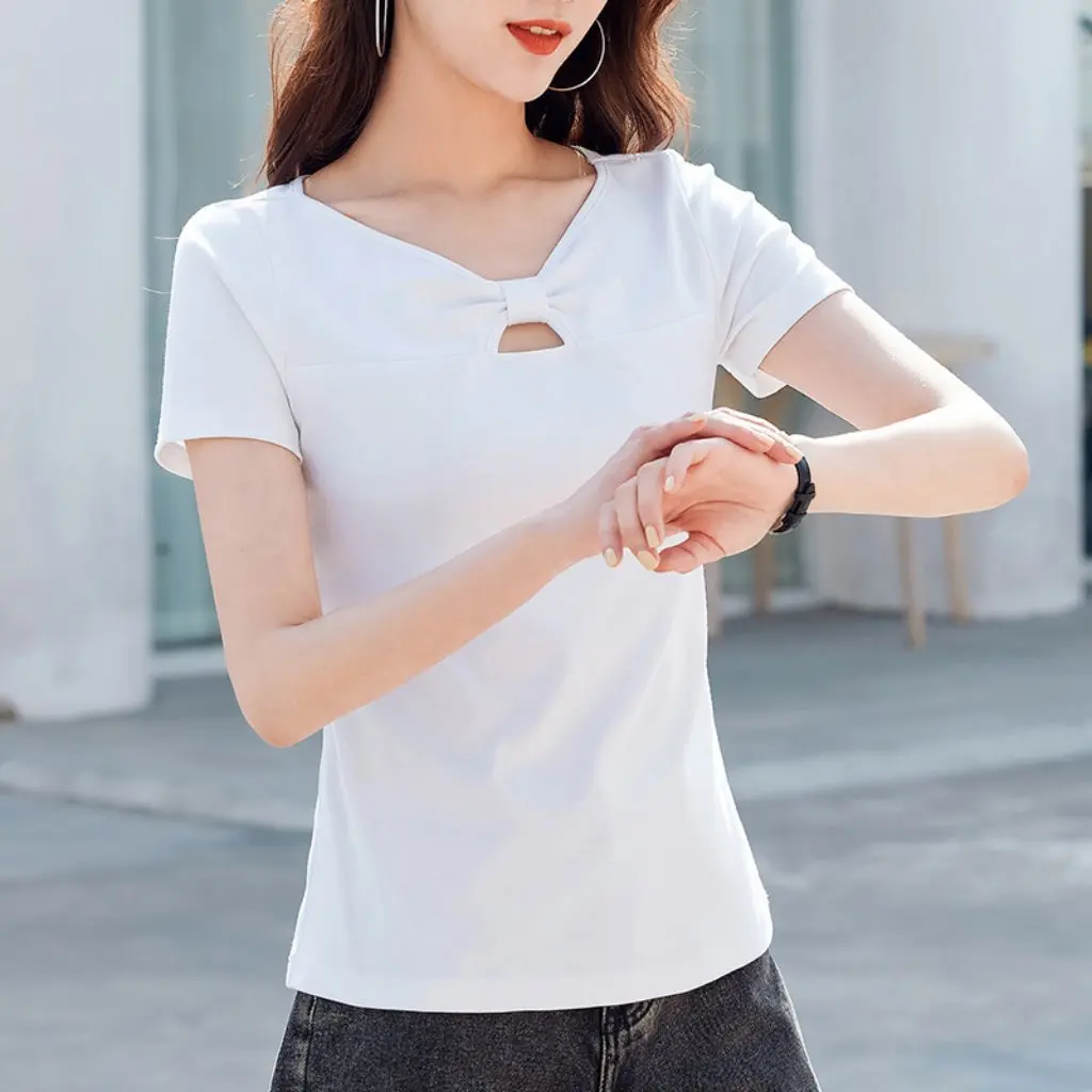 

Korean Hollow Chest Bow Women's T-shirt Sweet Slim Fit Short Sleeve Fashion Shoulder Top for Ladies