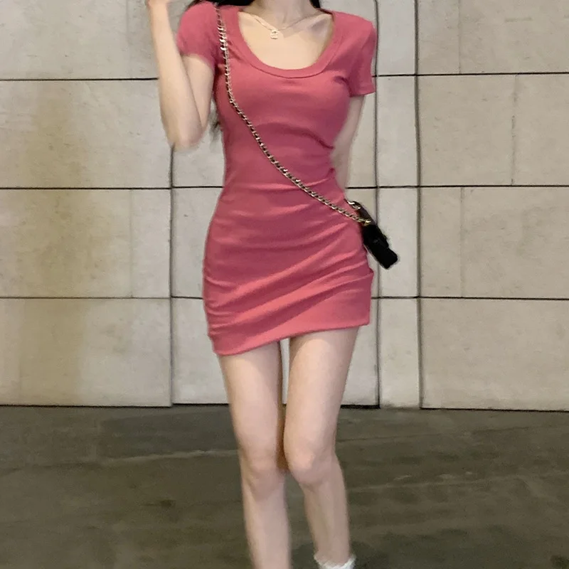 Pink Cute Sexy Mini Dress Women Slim Skinny Low Out Korean Fashion Y2K Vintage Party Short Dresses Women Beach Cheap Clothes