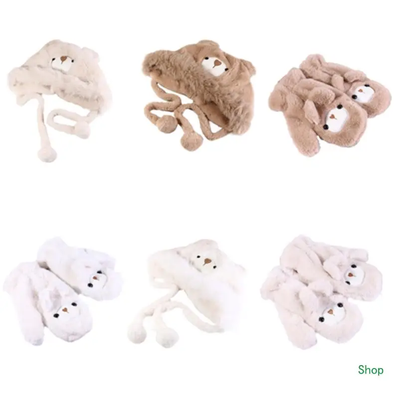 Dropship Furry Bear Hat with Gloves Oversized Headgear Hat for Winter Outdoor Activity