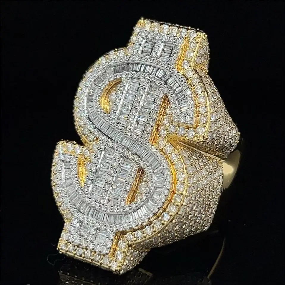 Hot Sale Custom Hip Hop Men Ring Money $ Be Rich Baguette Cut Gold Plated 925 Sterling Silver Vvs Moissanite Ring