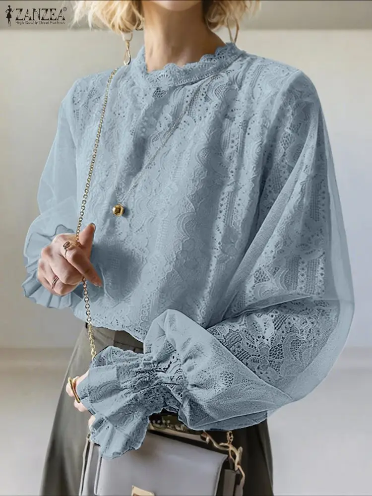 

ZANZEA женские кружевные блузки 2025 модные элегантные офисные рубашки с длинными рукавами с рюшами осенние повседневные однотонные топы с рукавами-фонариками Blusas