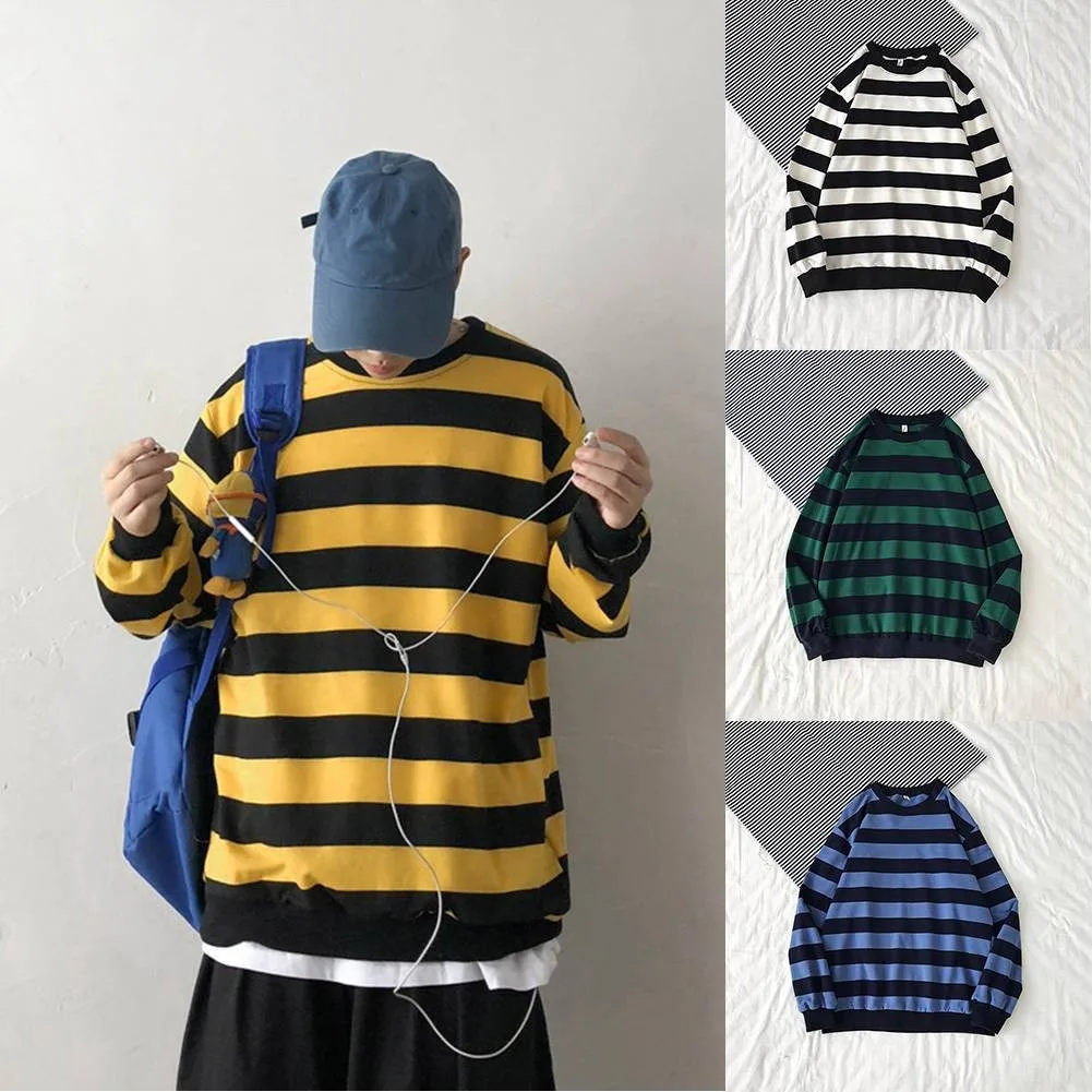 Stylish Yellow/Green/Black/Blue Men\\\'s Striped Long Sleeve Tee Shirt Vintage Motorcycle with Casual Baggy Design