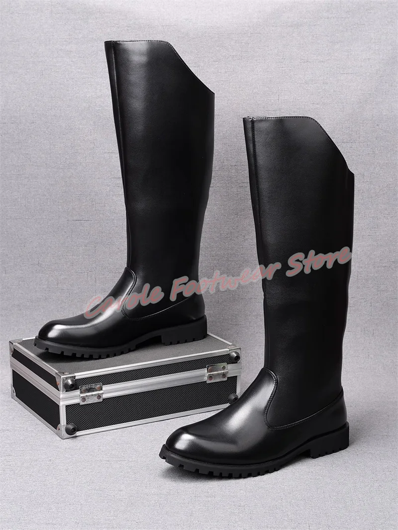 British Style Lace-Up Male Knee High Boots Round Toe Chunky Heel High Top Long Boots for Men Outside Metal Decor Casual Shoes