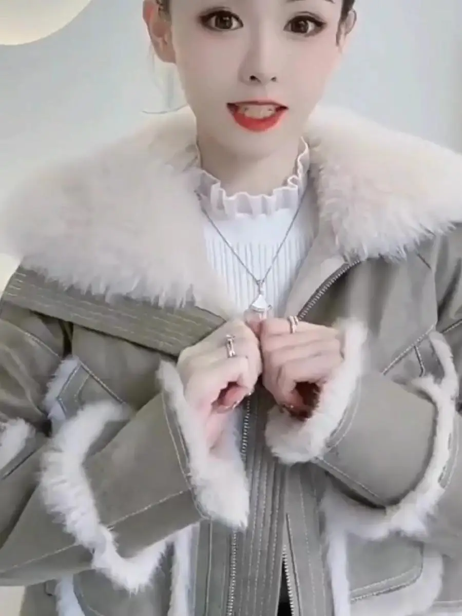 

Faionable Thiened Autumn Winter Coat for Women with Large Fur Collar ort Loose Sle Slimming Warm Cotton Jaet