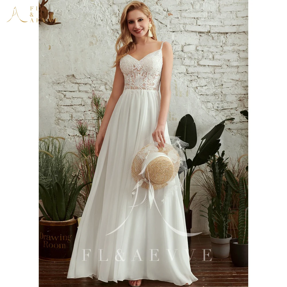 

Princess Lace Chiffon Spaghetti Straps Wedding Dress Bohemian Brides Dress Bohème Party Dress A-line Brides Gown Robe