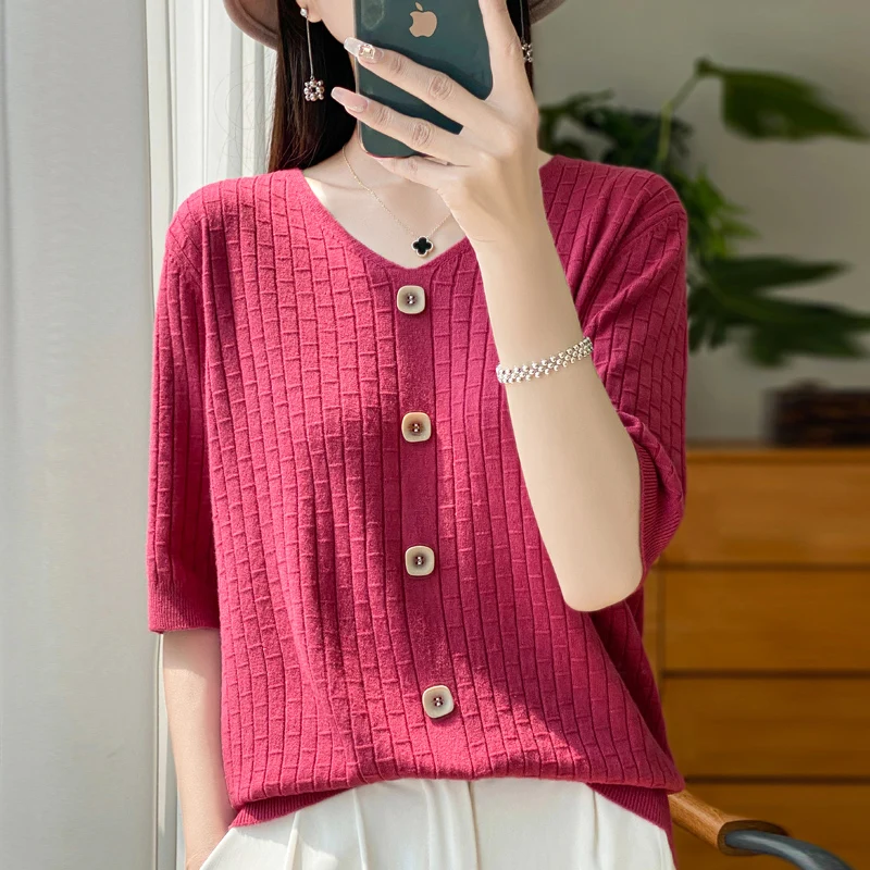 2024 Spring and Summer Women Cashmere Short sleeve V-Neck  Pullover High Quality Elegant Cashmere short sleeves Women