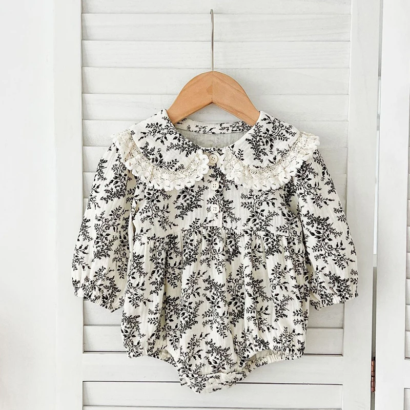 

Baby Girl Floral Jumpsuit 0-24M Baby Jumpsuit Full Sleeve Lace Princess Romper Lapel Vintage Style Newborn Kids Casual Jumpsuit
