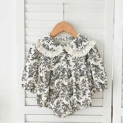 Baby Girl Floral Jumpsuit 0-24M Baby Jumpsuit Full Sleeve Lace Princess Romper Lapel Vintage Style Newborn Kids Casual Jumpsuit